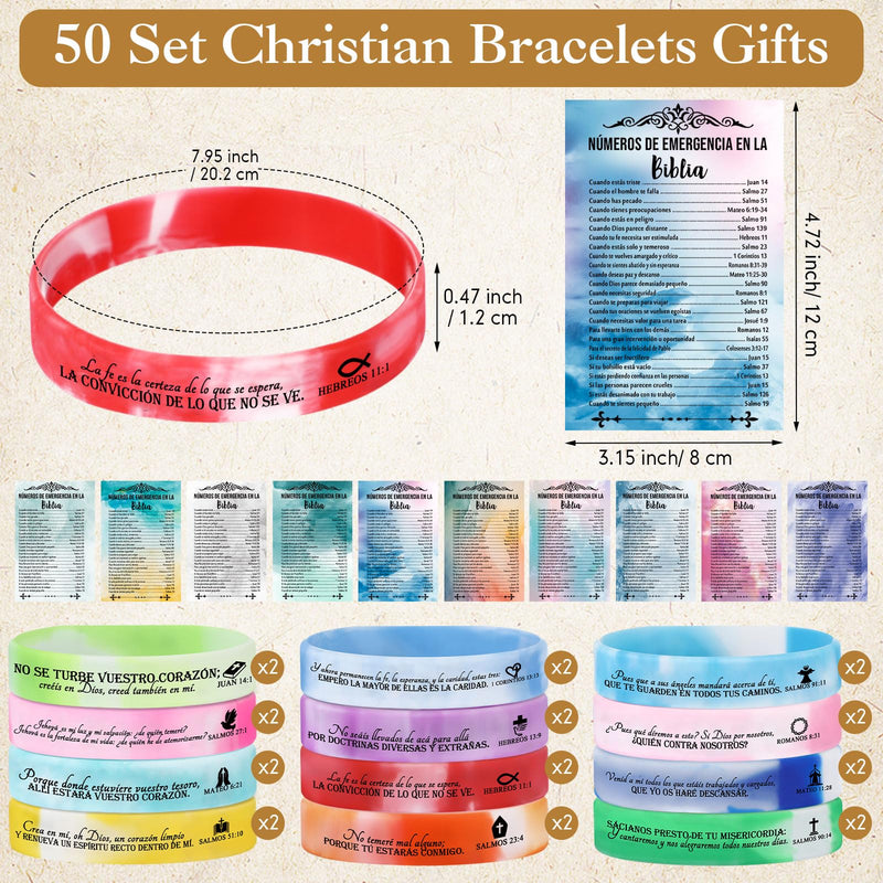 [Australia - AusPower] - 50 Set Christian Bracelets Gifts Silicone Scripture Bracelets with Bible Verses Bookmarks Regalos Cristianos Rubber Wristbands Emergency Numbers Cards Gifts for Church(Spanish) Spanish 
