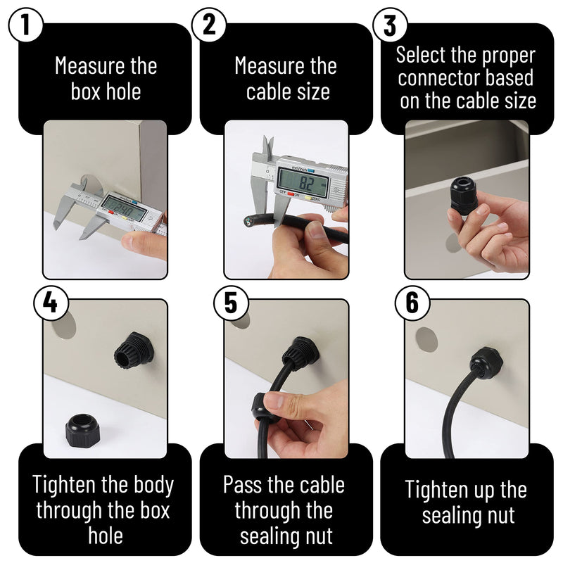[Australia - AusPower] - Bates- Nylon Cable Gland, 50 pcs, 3-16 mm Cable Gland Connectors, PG7, PG9, PG11, PG13.5, PG16, PG19, Waterproof Cable Connector, Black Cord Grip, Plastic Cable Connector, Cable Glands Waterproof 50 Pack, PG7-PG19 