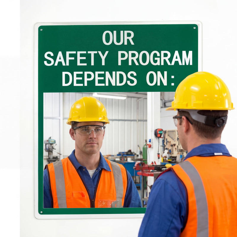Safety Mirror Sign for Workplace - "Our Safety Program Depends on You" Industrial Workplace Message Sign with Acrylic Mirror, Wall Mounted 16" x 19" Our Safety Program Depends on