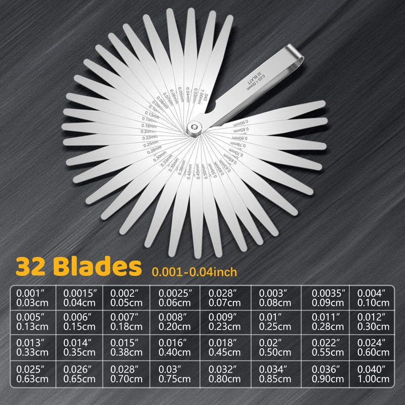 [Australia - AusPower] - 32 Blades Stainless Steel Feeler Gauge, Metric and Imperial Gap Measuring Tool Width and Thickness Feeler Gage Gauge for Spark Plug, Valve Adjustment Tool, 0.03-1mm (0.001-0.040 Inch) 0.001-0.040 Inch 