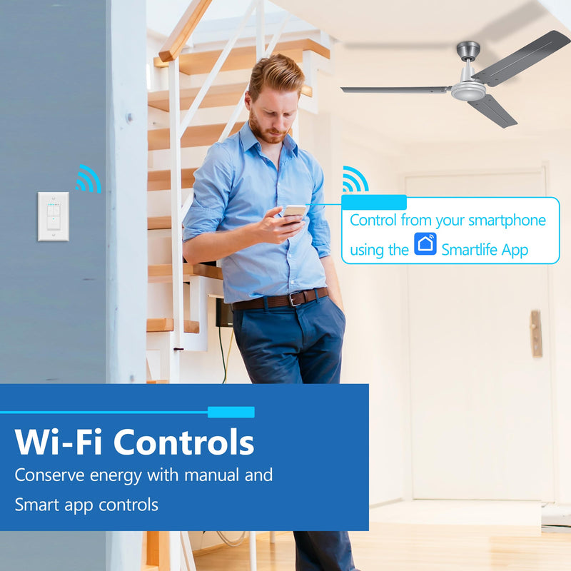 [Australia - AusPower] - LIDER Smart Fan Switch, Wi-Fi 4-Speed Fan Control Switch, Single Pole Only, 2.4GHz WiFi Remote Control Ceiling Fan Switch, Neutral Wire Required, 120V, 1.5A Motor, LED Indicator Speed, White WiFi Fan Switch 