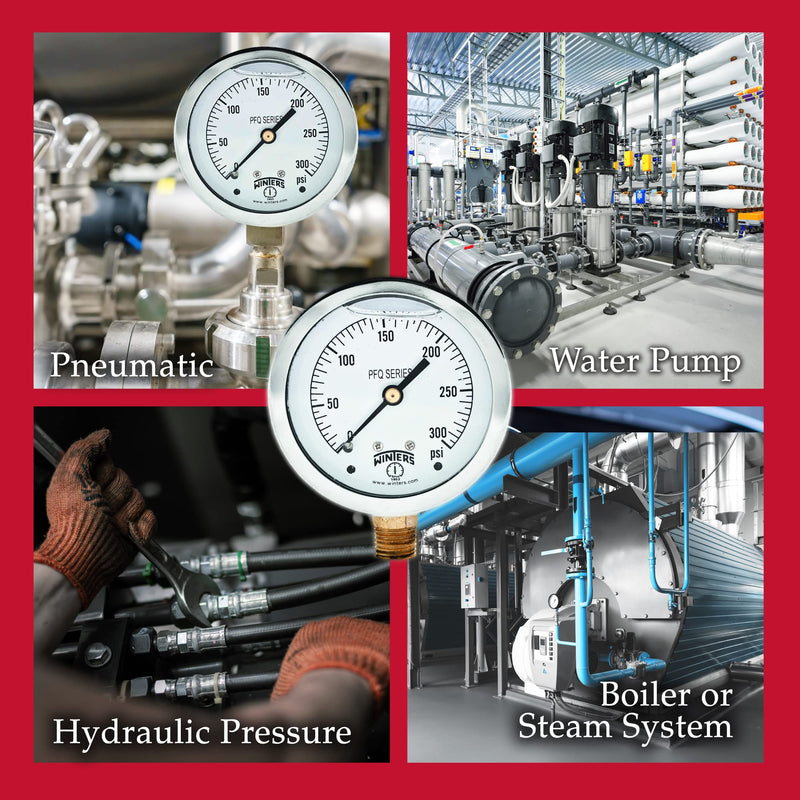 [Australia - AusPower] - Winters 2-1/2" Dial Size, Liquid Filled Industrial Pressure Gauge, Brass Internals, 304 Stainless Steel Case, Single Scale 0-300 psi, 1.5% Acc, 1/4" NPT Bottom Mount, Glycerin Filled Pressure Gauge 0/300 PSI 