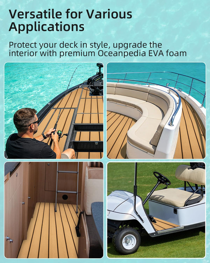 Boat Flooring Faux Teak | EVA Foam Marine Camouflage Decking with Self-Adhesive Backing Non Slip Sheet for Motor Pontoon Boat Yacht RVs Kayak Surfboad Camel Brown with Black Lines 48''L x 16.8''W