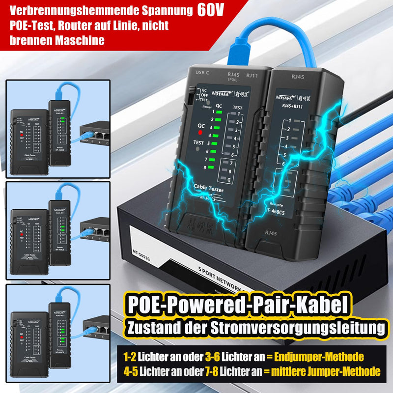 [Australia - AusPower] - NF-468CS Network Cable Tester RJ45/RJ11/CAT5/CAT6/CAT5E/CAT6A/CAT7/POE Test UTP/STP, LAN Cable Tester, Network Ethernet Cable Mapper, Continuity Tester, Telephone Line CAT3, LAN Cable Test Network 
