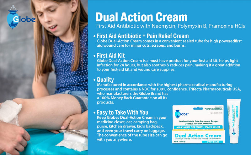 [Australia - AusPower] - (4 Pack) Globe Triple Antibiotic Cream + Pain Relief, Neomycin, Polymyxin B, Pramoxine HCl, Soothes Painful Cuts, Burns and Scrapes, 24 Hour Infection Protection 