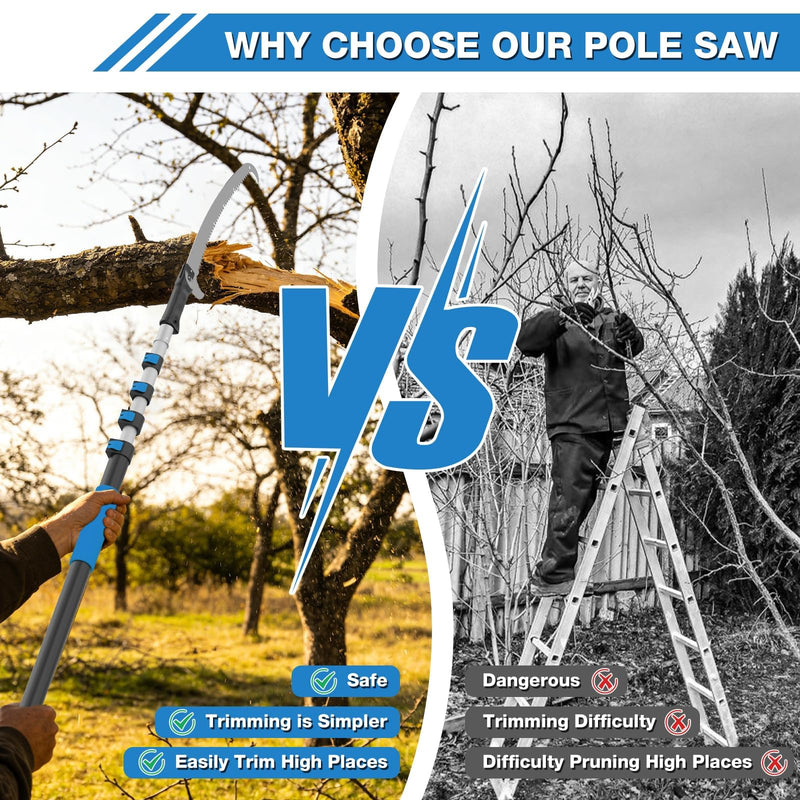Manual Pole Saw for Tree Trimming, 18FT Reach Telescoping Extension Pole Tree Pruner with 24" Blade, Hand Pole Saw for Cutting High Branches, Detachable Pruning Saw for Garden Yard Maintenance 12FT