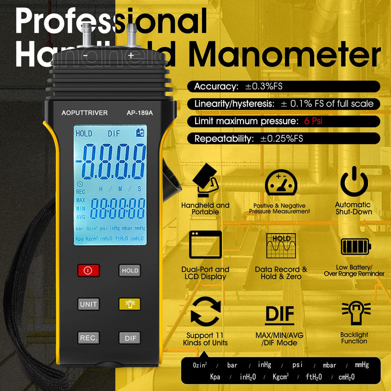 AP-189A Professional Air Pressure Gauge, Gas Pressure Gauge with Two Connections, Differential Pressure Gauge with 11 Selectable Units, HVAC Pressure Gauge with Data Storage AP-189A (6Psi)
