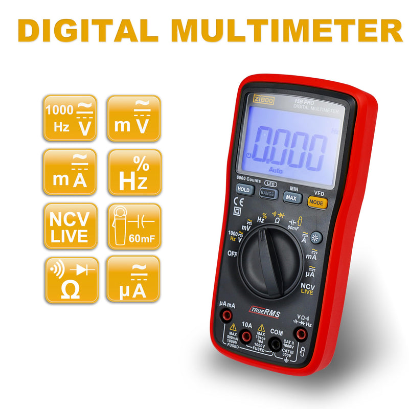 [Australia - AusPower] - ZIBOO 15B PRO True RMS Digital Multimeter,for Electrical Applications, Measures AC/DC Voltage and Current Measurements up to 1000V and 10A,Compatible with FLUKE(Optional AC Pliers) 