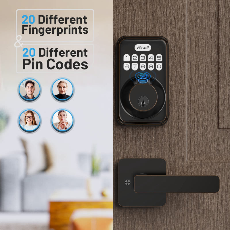 Fingerprint Door Lock, Zowill Keyless Entry Door Lock Keypad Deadbolt with 20 Biometric Fingerprints, 20 User Codes, Auto Lock, Anti-Peeping Password, IP54 Waterproof, Easy Installation Smart Lock Oil Bronze