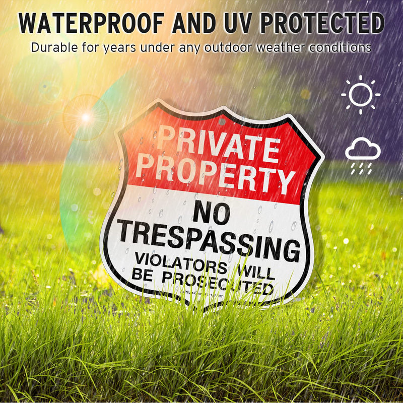 Faittoo Private Property No Trespassing Sign, Violators Will Be Prosecuted, 4-Pack 11.6 x 11.6 Inch Reflective Aluminum Warning Sign, Weather/Fade Resistant, Easy to Install, Durable Ink, Shield Shape Red - 4 Pack