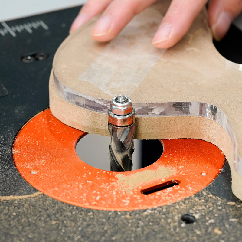 SpeTool Double Bearing Spiral Flush Trim Router Bit 1/4 Inch Shank 1/2 Inch Cutting Diameter, Extra Long Carbide Compression Flush Cut Pattern Bit with Top and Bottom Bearing for Woodworking Uncoated 1/2" Dia-1-1/4" CL-1/4" Shank