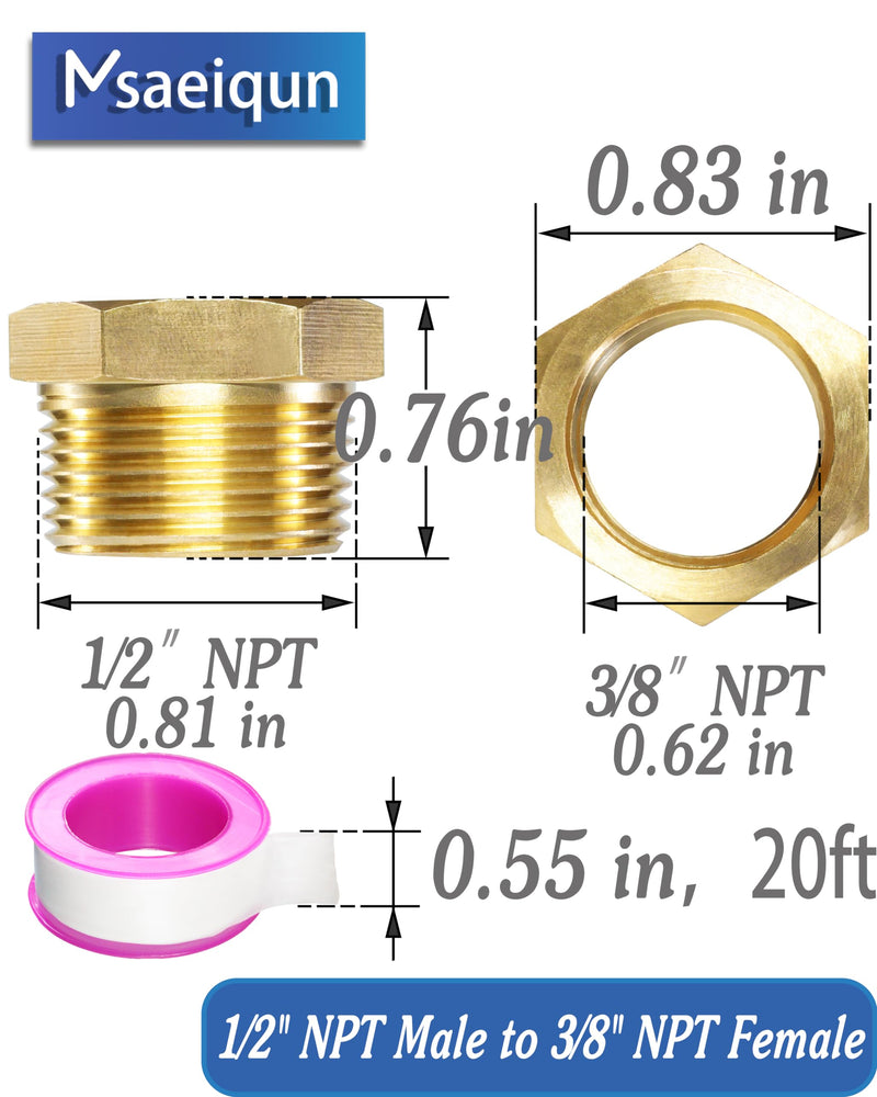 [Australia - AusPower] - Brass Reducer Hex Bushing Threaded Pipe Fitting 1/2 NPT Male x 3/8 NPT Female Bushing 1/2 to 3/8 Adapter Pipe Fitting (1/2" NPT Male x 3/8" NPT Female, brass, 6) 1/2 NPT Male x 3/8 NPT Female 6Pcs 