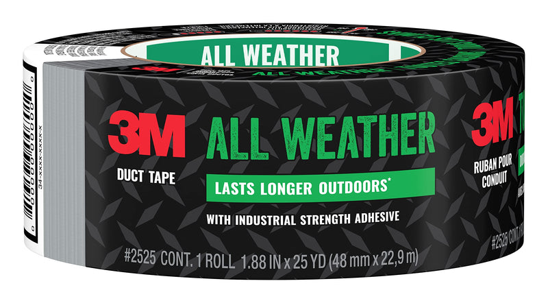 3M All Weather Duct Tape, 1.88 in x 25 yd, 1 Roll, UV/Water Resistant, Stands up to Heat, Sunlight, Rain, Sleet & Snow, Great for Patching, Reparing Outdoor Items and Reinforcing Tools (2525)