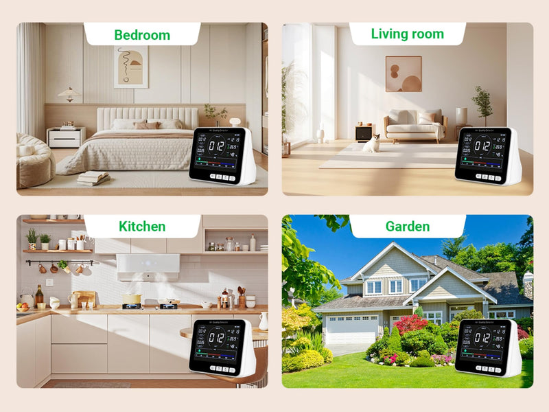 [Australia - AusPower] - BIBIRE 14-in-1 Air Quality Monitor Indoor with Beep Alarm, 6 AQI Air Detector with PM1.0|PM2.5|PM10|HCHO|TVOC|AQI|Temperature|Humidity|Time for Home, Hotel, Office, Car, Battery Powered 