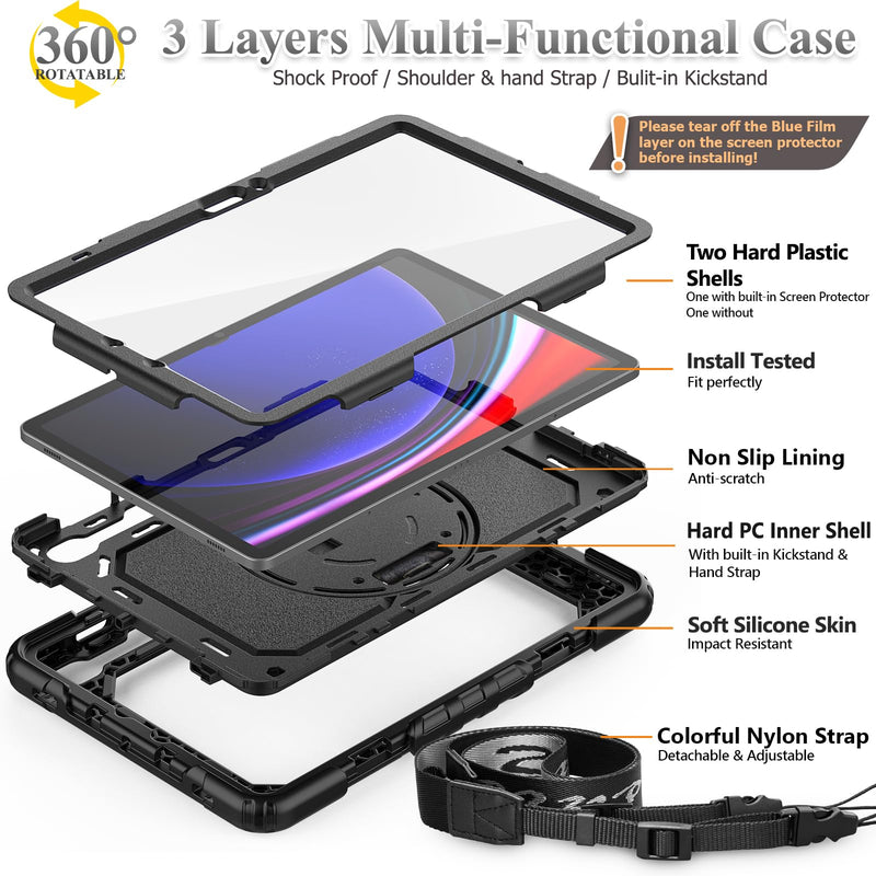 [Australia - AusPower] - SEYMAC stock for Samsung Galaxy Tab S9/ S9 FE 5G Tablet Case 2023 with Screen Protector Pencil Holder [360 Rotating Hand Strap] &Stand, Drop-Proof Case for Galaxy Tab S9 FE 10.9''/ S9 11'', Black1 case for Galaxy Tab S9 FE 10.9''/S9 11'' 