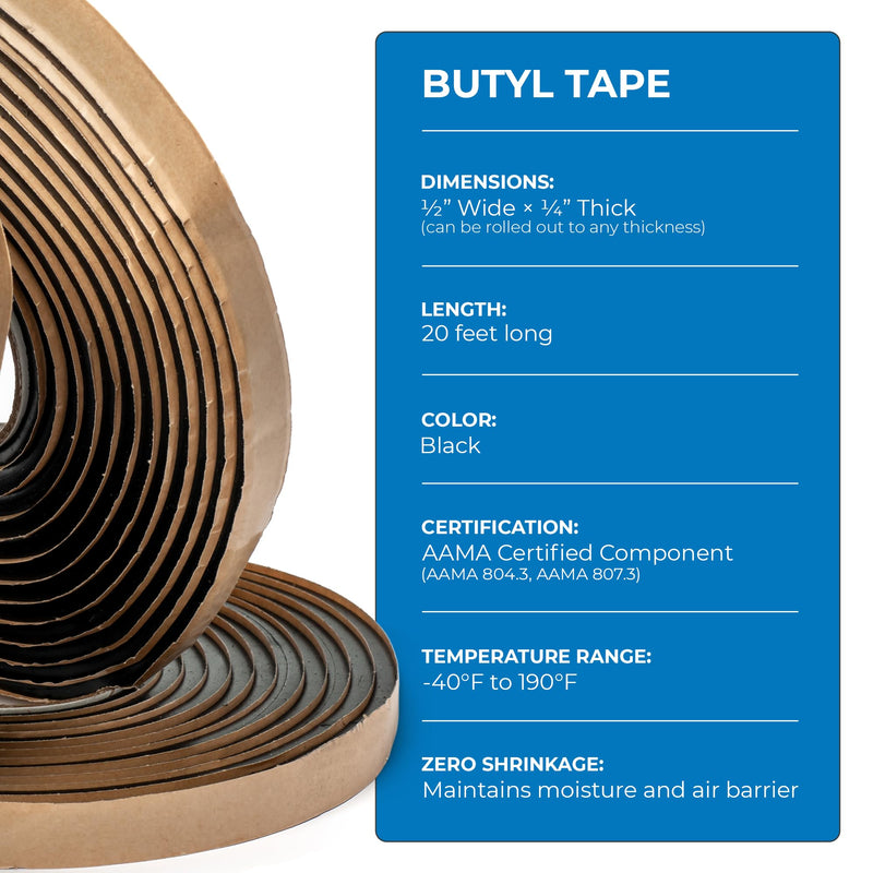 Second Skin Butyl Tape – 1 Roll (20ft x 1/2” x 1/4”) | Black Butyl Sealant Tape for RV, Auto, Marine, Headlight Repair, Window Glazing Tape | Weatherproof & Waterproof, Indoor & Outdoor, Made in USA 1 Butyl Tape