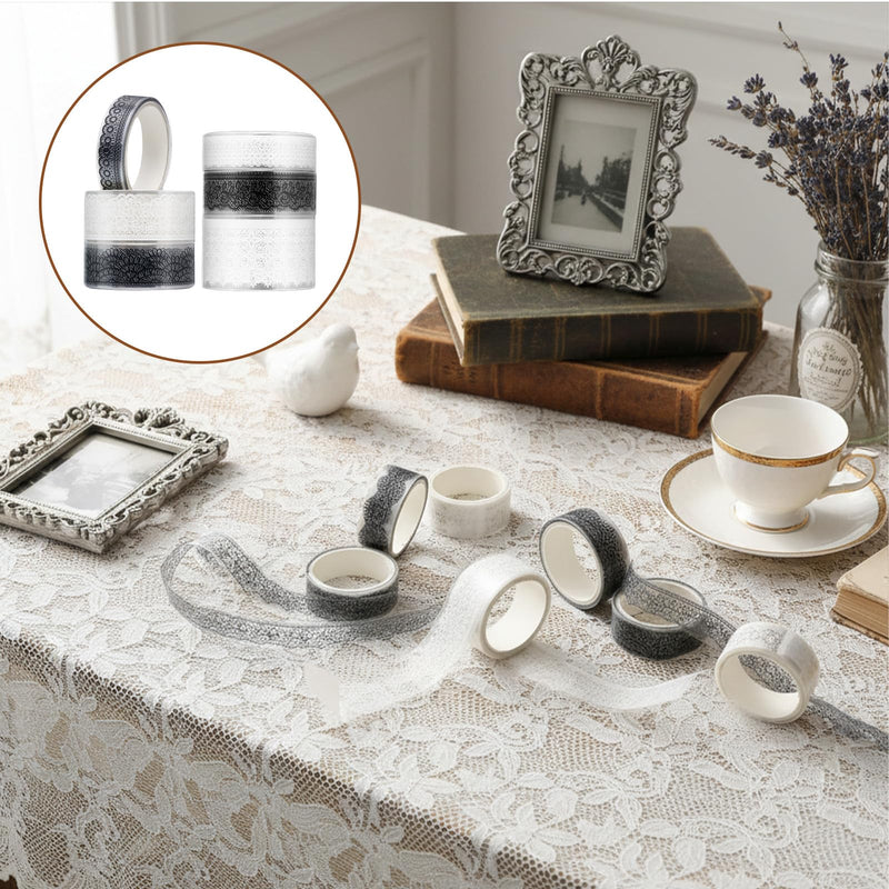6 Rolls Floral Arts Decorative Tape, Lace Patterns PET Tapes, Washi Tape Set, Adhesive Transparent Masking Tapes for DIY Craft, Scrapbook, DIY, Gift Wrapping, Journal (Black, White)