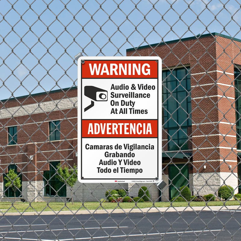 SmartSign 18 x 12 inch “Warning - Audio & Video Surveillance On Duty At All Times” Bilingual Sign, 63 mil Aluminum, 3M Laminated Engineer Grade Reflective Material, Red, Black and White, USA-Made EG Reflective 12" x 18"