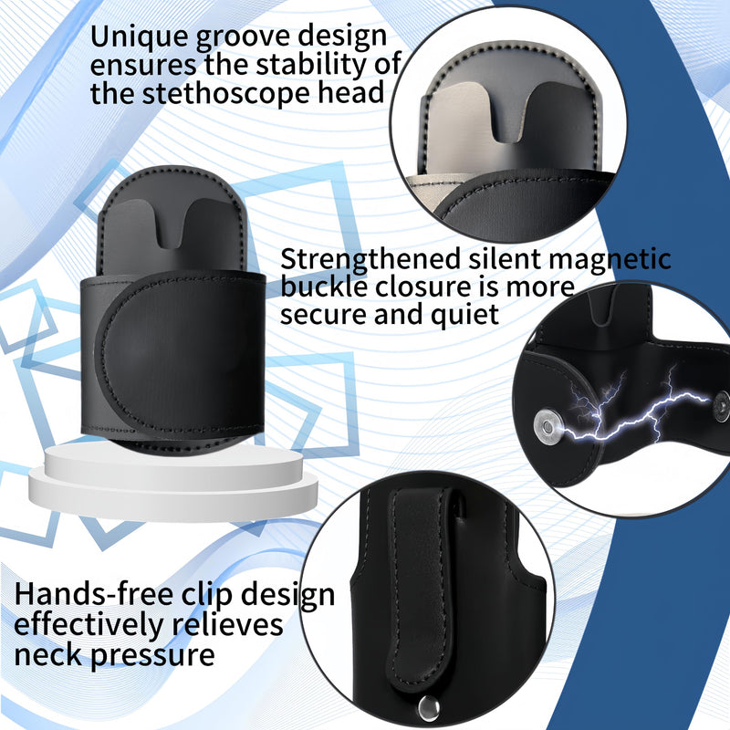[Australia - AusPower] - Magnetic Stethoscope Holder Clips, Secure Hands-Free PU Leather Holster for Scrubs, Belts & Lab Coats - Portable Stethoscope Accessories for Nurses, Doctors, EMTs, Medical Students(Black) Black 