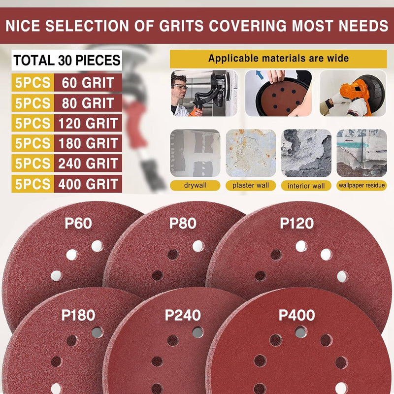 [Australia - AusPower] - STEBRUAM Sandpaper 225 mm Velcro, Pack of 30 225 mm Sanding Discs for Drywall Sanders Sanding Giraffe Long Neck Sanders Sanding Giraffe Grit 5X P60/80/120/180/240/400 10 Hole Grit mix 10 holes 