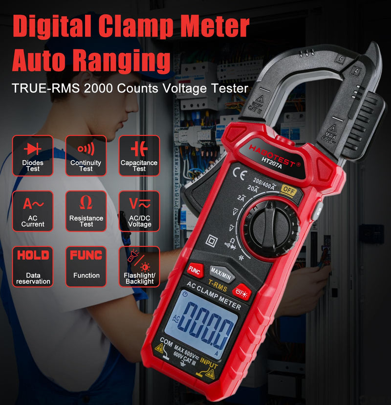 [Australia - AusPower] - Digital Clamp Meter Multimeter with D-Shaped Jaw, 2000 Counts Amp Voltage Tester Auto-ranging for AC/DC Voltage, AC Current, Capacitance, Resistance, Diode, Continuity 