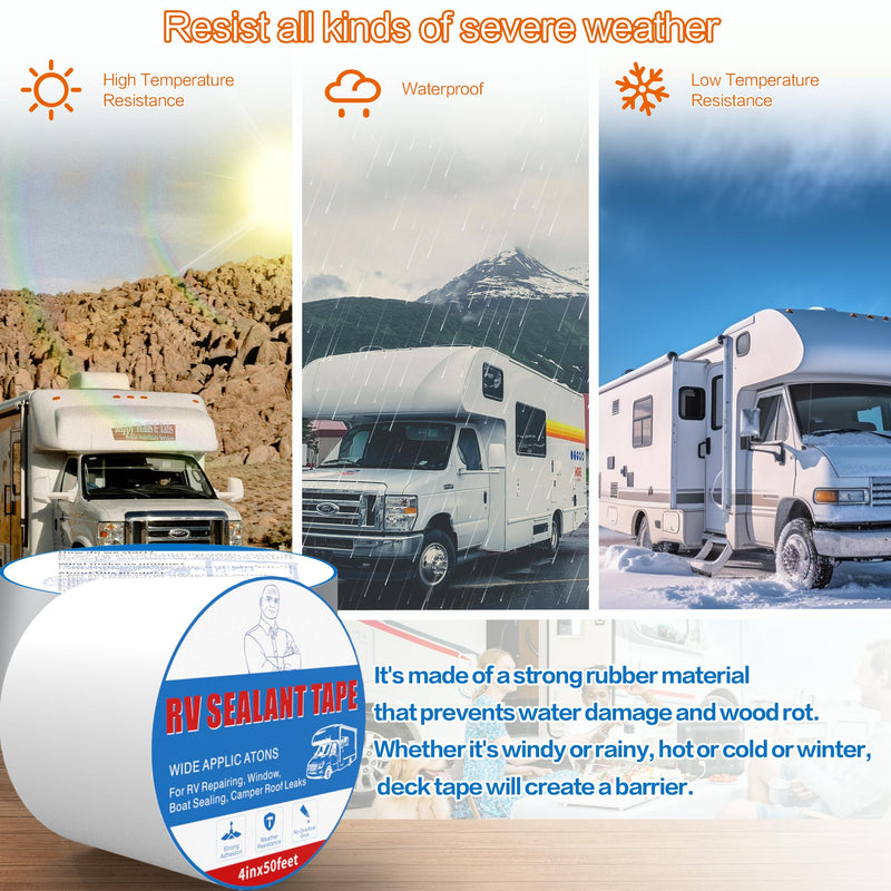 Rv Roof Tape White 4 Inch X 50 Feet, Waterproof Repair Sealant Tape UV-Resistant & Weatherproof Rv Awning Repair Tape for Window, Vent, Boat Sealing, Truck Camper Roof Patch kit Metal Roof Sealant 4in*50ft
