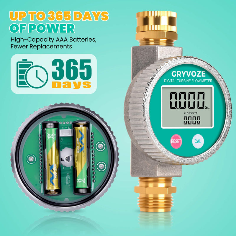 [Australia - AusPower] - Metal Water Flow Meter, 3/4" GHT Garden Hose Flowmeter with Brass Thread and Large Screen for RV, Pool, House, Lawn Sprinkler and Outdoor Watering – Supports Gallon, Liter, GPM and LPM 