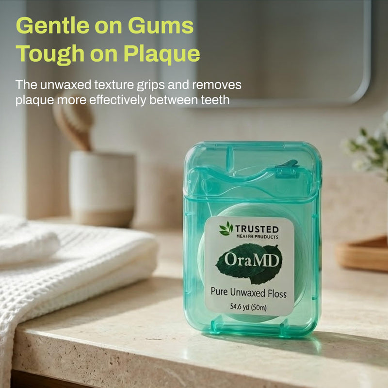 OraMD Oral Care Pure Unwaxed Dental Floss 54.6 Yards - PFAS-Free, Chemical Free, Shred Resistant - Unscented and Ultraclean Plaque Removal - Teeth and Gum Protection for Adults - Pack of 6 Six Dental Floss