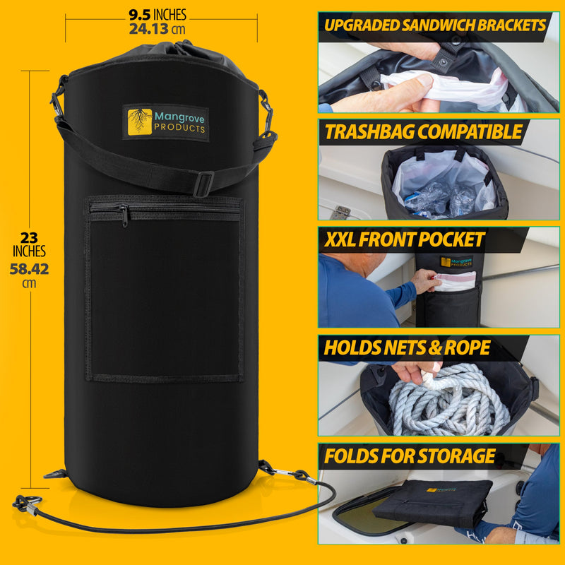 Mangrove Products: Portable Boat Trash Can, Reusable Trash Bag, Boating Equipment, Boat Storage, Boat Accessories Marine, Pontoon Boat Accessories, Fishing, Sandbar, RV, or Camping Black Full