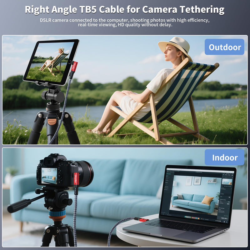 USB C Camera Tethering Cable for Right Angle Thunderbolt 5 Cable 15FT, Support 20Gbps, 240W PD, 4K@60Hz for Thunderbolt 4, iPhone 17, USB4, Canon, Sony, Nikon, Fuji, Mac mini M4 Right Angle 15FT