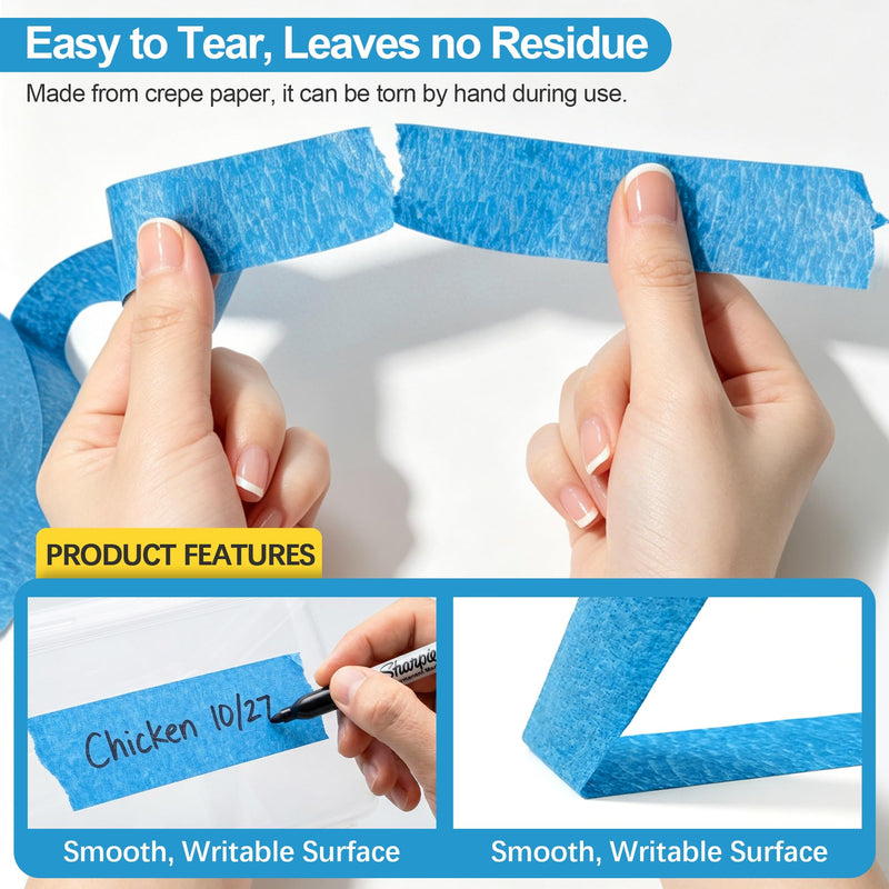 Freezer Tape for Food Labeling, 2 Rolls (0.47” & 0.95”), Writable Kitchen Label Tape, Easy Tear, Residue-Free Removal, Low Temperature Resistant, Ideal for Food Containers & Freezer Use (Light Blue) Light Blue