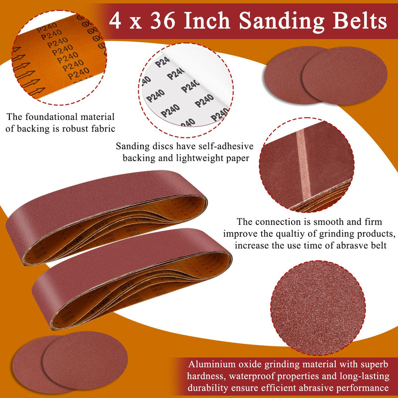 [Australia - AusPower] - 4 x 36 Inch Alumina Sanding Belts (80/120/150/240/400 Grits) and 6 Grits 6-Inch Self Stick No Hole Sanding Disc 11PCS Set for Aluminum Oxide Sanders, Sandpaper for Wood Metal Stainless Steel 11 