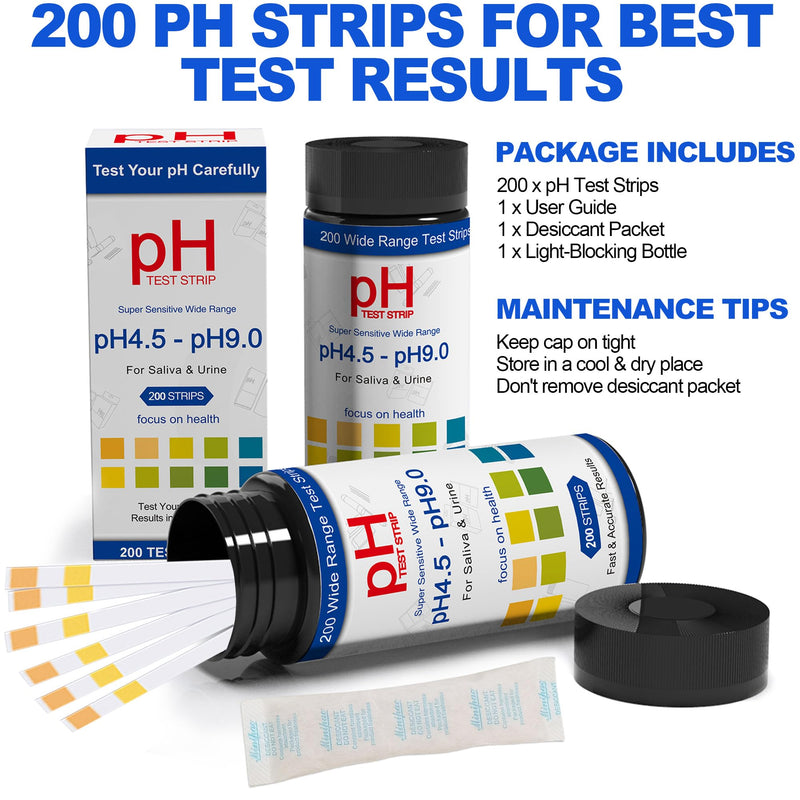 [Australia - AusPower] - PH Test Strips for Urine & Saliva - 200ct Urine PH Test Strips for Humans, Fast & Accurately Track & Monitor Your pH Level (4.5-9.0ppm) in Seconds, Quick & Easy to Test Alkaline & Acid Levels in Body 