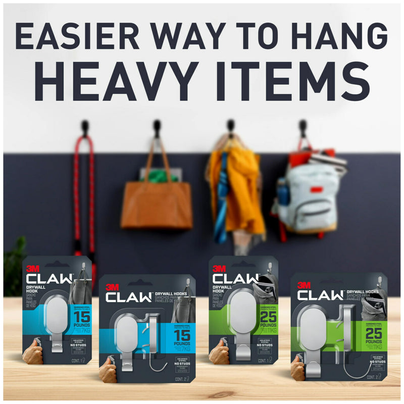 3M CLAW 15 lb. 2 Drywall Silver Hooks & 2 Extra Picture Hangers, Heavyweight Hanging Solution for Backpacks, Jackets, Pictures and Room Decor, Cute Wall Hooks - 4 Pack 15 lb.
