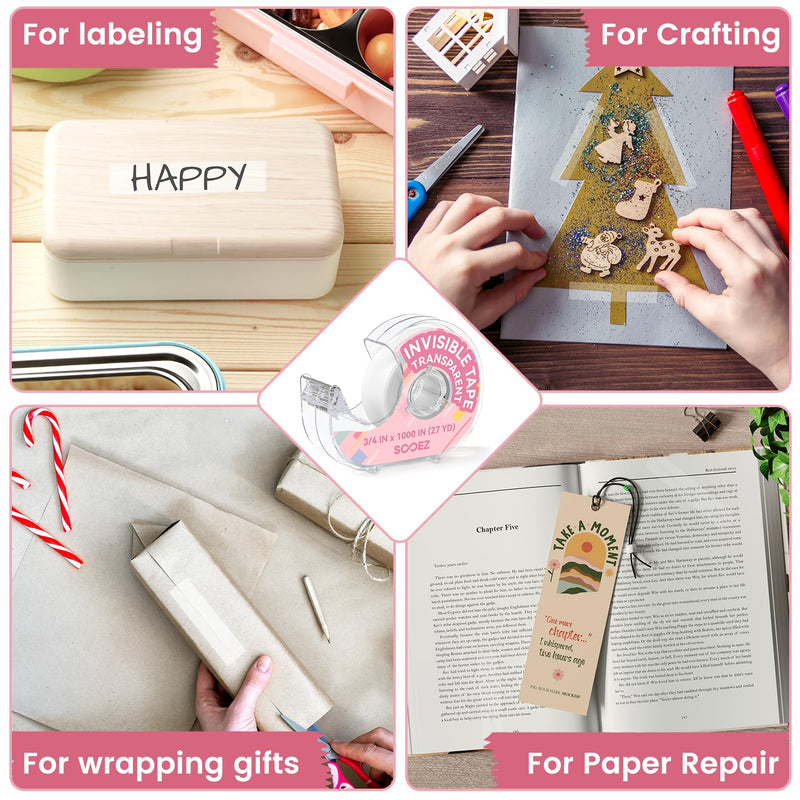 Sooez Invisible Tape for Gift Wrapping, 3 Mega Rolls = 9 Regular, 3/4″x 1000″, 3 Rolls with 3 Tape Dispenser Engineered for Repairing, Clear Tape for Christmas Wrapping, Paper, Office&School Supplies