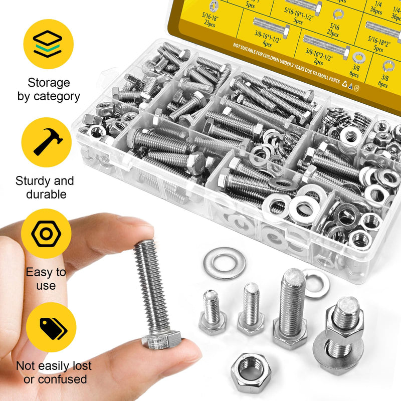 [Australia - AusPower] - 260PCS SAE 1/4-20, 5/16-18, 3/8-16 Hex Bolts Assortment Kit & 225PCS Metric M4 M5 M6 Machine Screws Assortment Kit Silver 