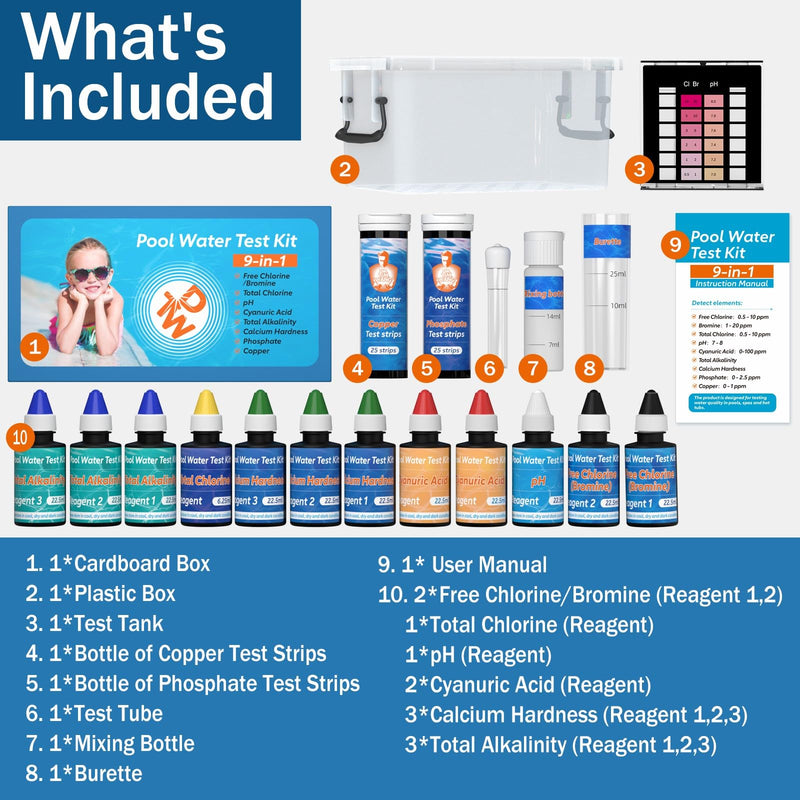 [Australia - AusPower] - 9 Way Pool Test Kit - Hot Tub and Spa Water Chemical Test Kit for pH & Total Chlorine & Free Chlorine & Bromine & Total Alkalinity & Calcium Hardness & Cyanuric Acid & Copper & Phosphate 9 in 1 Pool Test Kit 