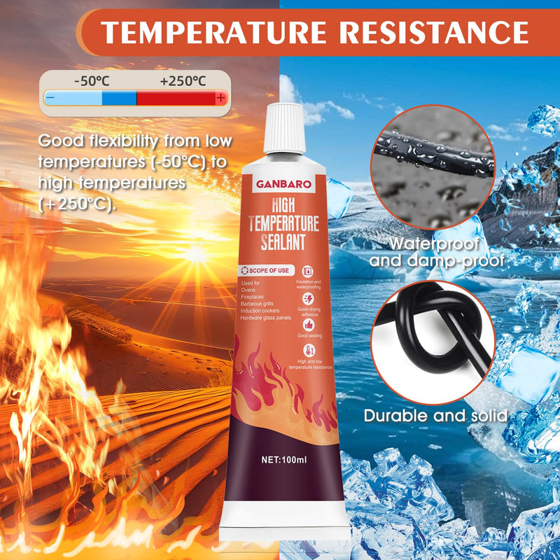 [Australia - AusPower] - Ganbaro® 482°F High Temp Silicone Sealant, High Temperature Adhesive, Heat Resistant Glue with Brush Fast Drying Waterproof Adhesive for Oven, Grill, Microwave 100 ml (Black) 