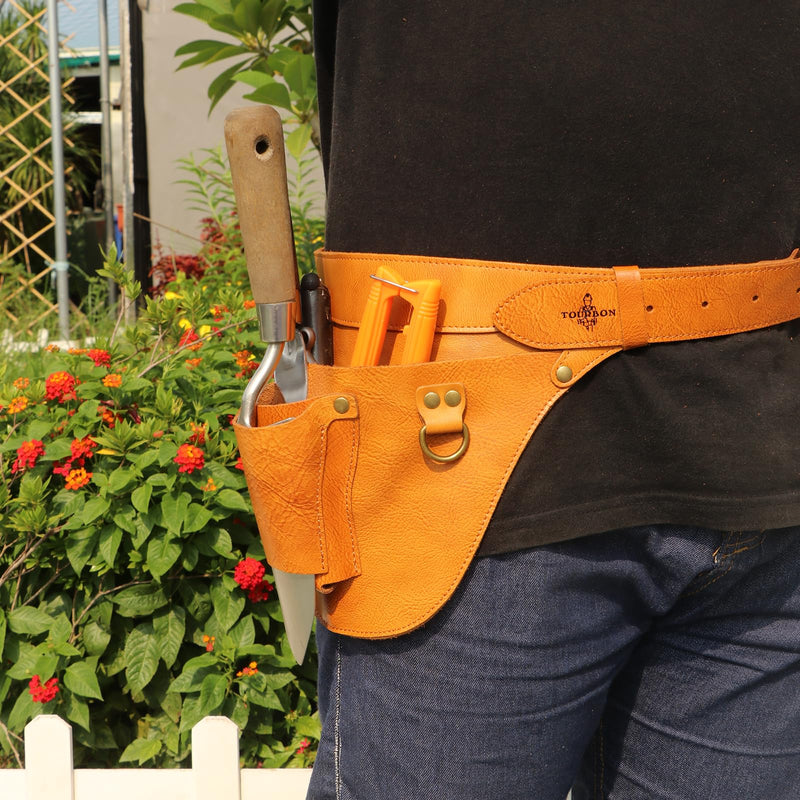 Leather Florist Tool Belt Pouch 3-Pocket Adjustable for Gardening Carpenter | Fit 34-40 Inches Waist, Lightweight, Heavy Duty, Versatile For Woodworking Outdoor Transplanting Trimming DIY, Gift for Her Brownish Yellow 42 inches