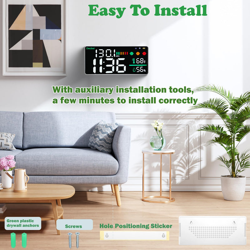[Australia - AusPower] - Decibel Meter Wall Mounted Hanging and Desktop Sound Level Meter, 11 inch LED Large Display WiFi Noise Meter Decibel Time Temperature Humidity Meter with Alarm Icons Indicator for Classroom, Home 5-in-1 Noise Monitor 
