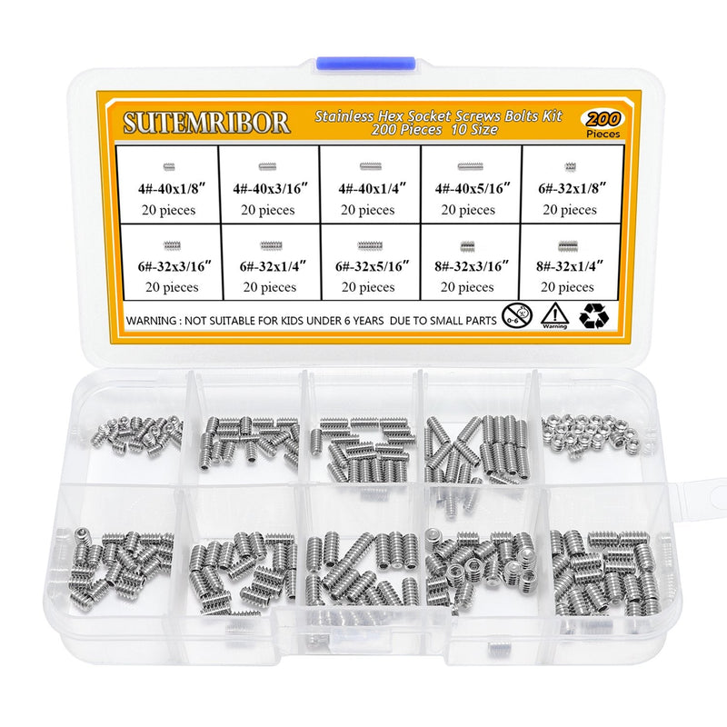 [Australia - AusPower] - 380Pcs 20 Sizes, 4#-40 to 3/8"-16 Stainless Steel Internal Hex Drive Cup-Point Set Screws Assortment Kit 