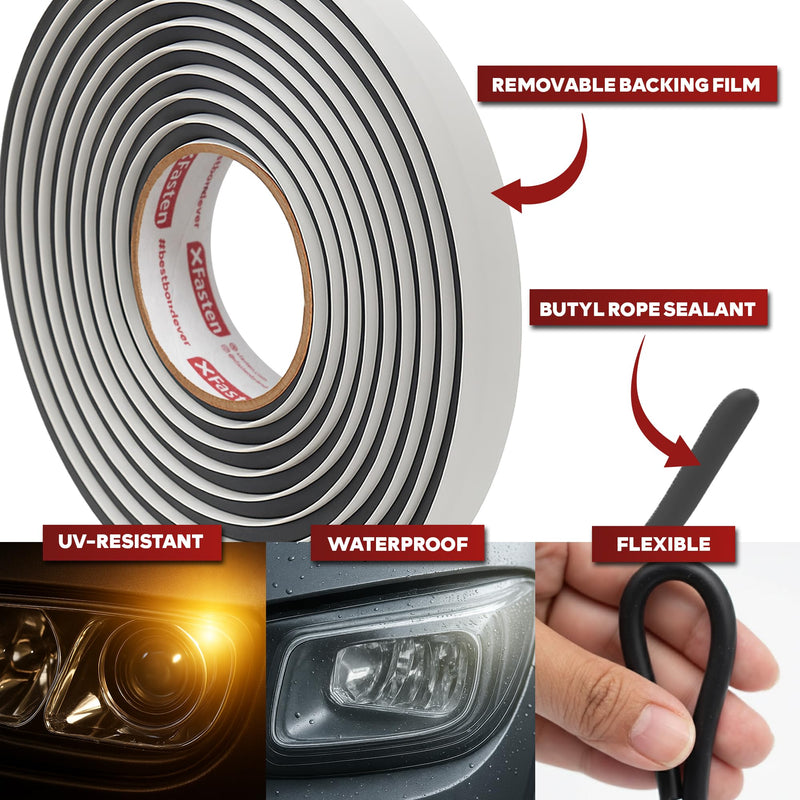 XFasten Butyl Headlamp Sealant, 7 millimeters x 20 Feet, 7 millimeters Thick, OEM Grade Automotive Rubber Butyl Rope Tape for Headlamp, Headlight, Windshield, Window, and Pool Light Sealant Tape Black