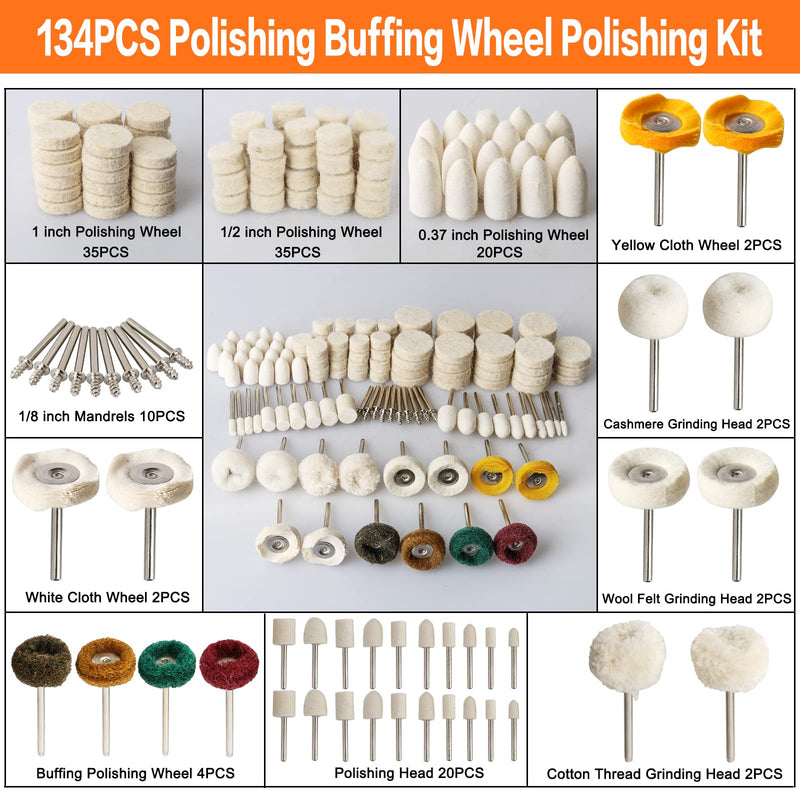 134PCS Polishing Buffing Wheel Polishing Kit for Dremel, Polishing Wheel Rotary Tool Accessories with 1/8" Shank, Abrasive Wheel Buffing Polishing Wire Brushes Wool Felt Cotton Mounted 134PCS Buffing Wheels