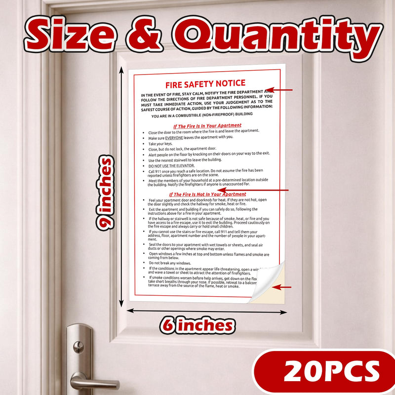 20 Pcs Fire Safety Notice Label Decal - 6" x 9" Emergency Preparedness Self-Adhesive Vinyl Sign Sticker for Building Door & Wall 20