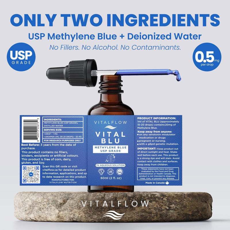 1% Methylene Blue Certified USP Grade Solution 2fl oz (60ml), Ultra High Purity, Free of Contaminants, Protective Packaging, Amber Glass Dropper Bottle