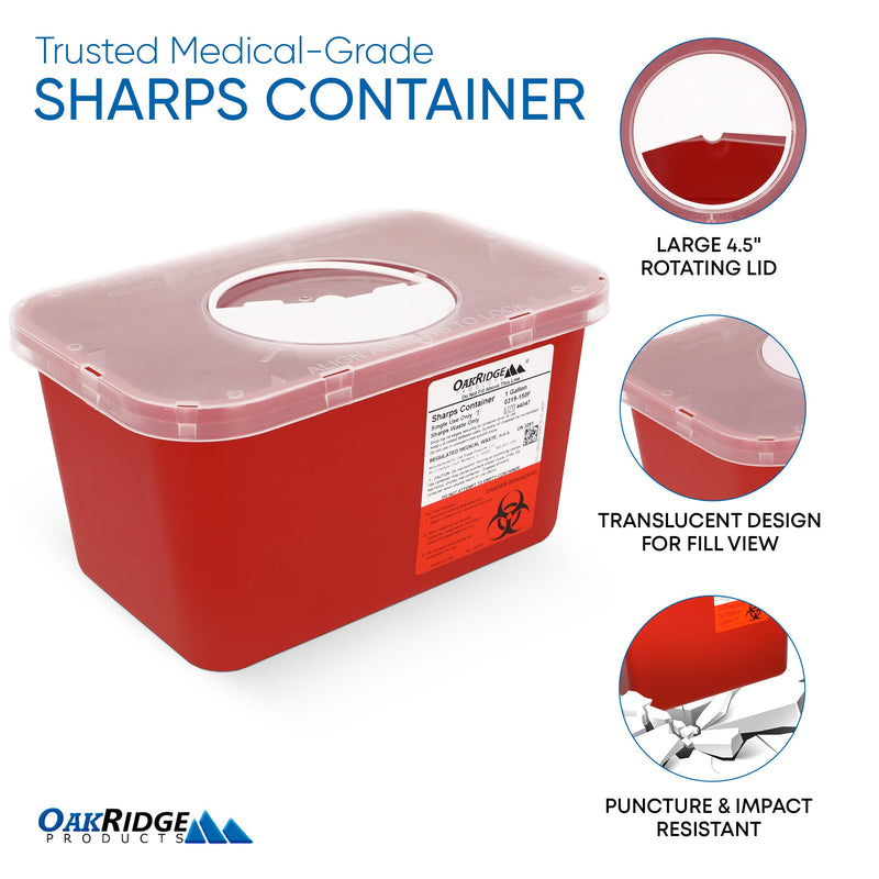 [Australia - AusPower] - Oakridge Products Large Sharps Container for Home Use and Professional 1 Gallon (1-Pack), Biohazard Needle and Syringe Disposal, Rotating Lid, CDC Certified 
