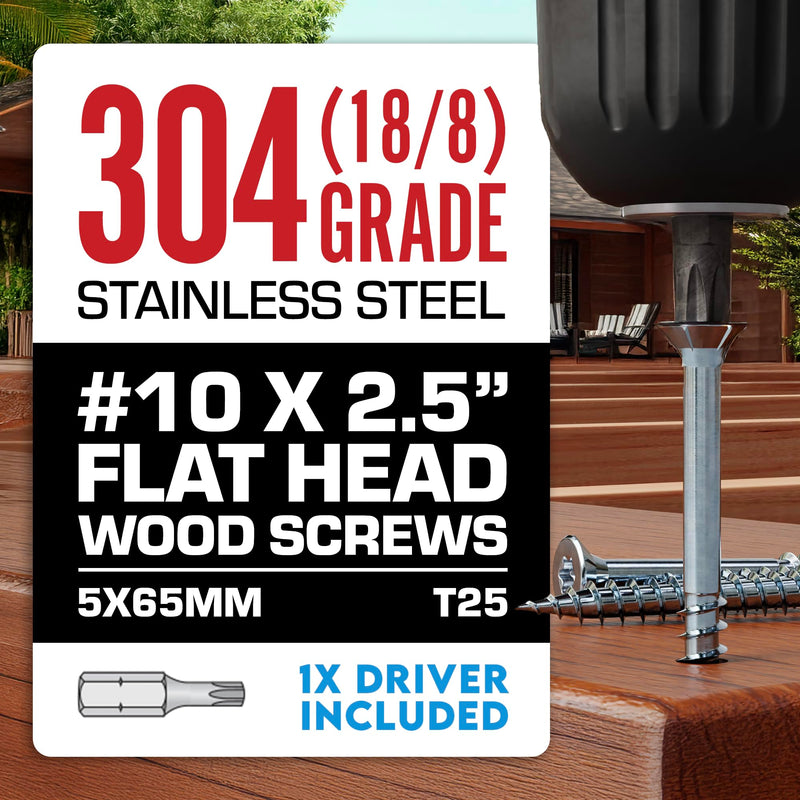 #10 x 2 1/2 Inch Stainless Steel Deck Screws | 304 Grade (100 Pack) | Flat Head T25 Star Torx Drive | Stainless Steel Screws by Eagle Claw Fasteners | Corrosion & Rust Resistant (Includes Driver Bit) 100 #10 x 2-1/2"