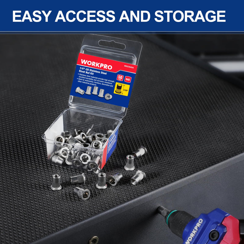 [Australia - AusPower] - WORKPRO 50Pcs Rivet Nuts, 1/4”-20 Stainless Steel Rivnut, Flat Head Threaded Insert Nutserts with Knurled Body 50pc Stainless Steel 