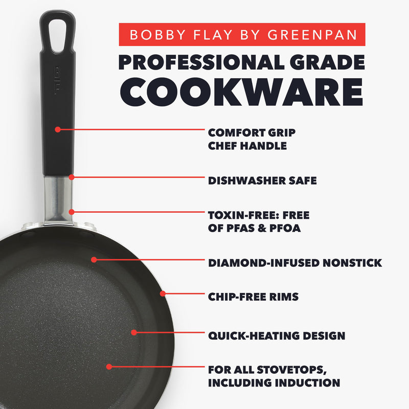 GreenPan x Bobby Flay 8" Nonstick Frying Pan Skillet, PFAS-Free Diamond Ceramic, Induction Suitable, Stay-Cool Silicone Handle, Easy Clean Dishwasher & Oven Safe, Egg & Omelet Pan, Black 8" Frying Pan Skillet