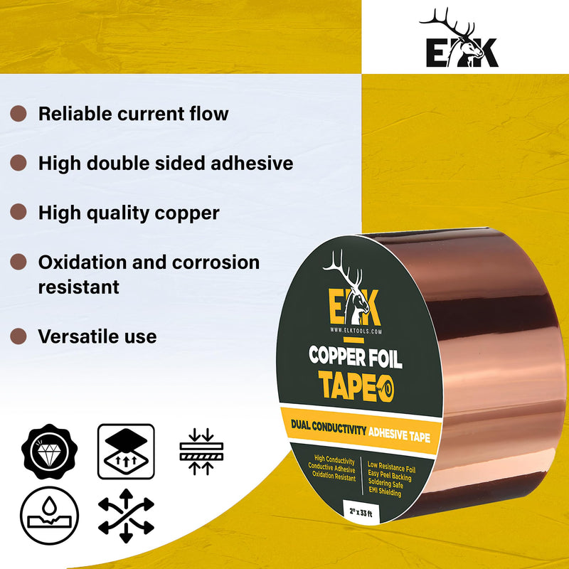 [Australia - AusPower] - ELK Copper Foil Tape - 2” x 33ft - with Conductive Adhesive for Guitar, Crafts, Electrical Repairs and Grounding - Conductive Copper Tape 2 Inches x 33 Feet 1 